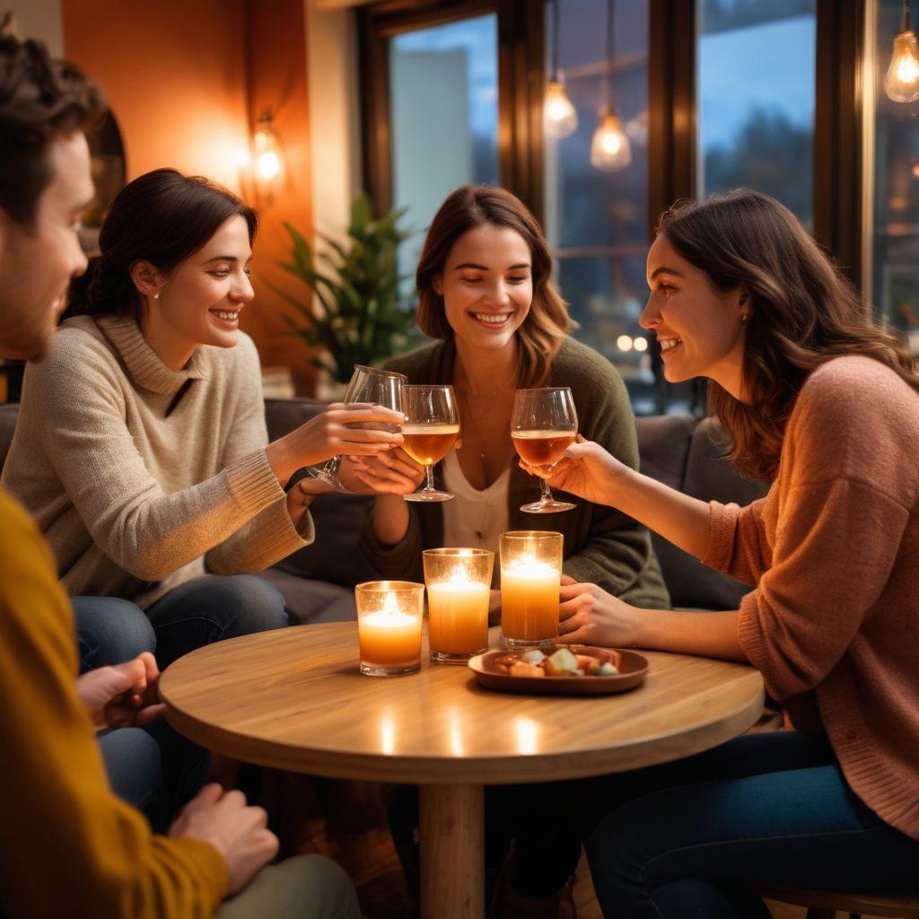 A vibrant and inviting indoor setting featuring two couples engaging in playful conversation, with soft lighting and comfortable furnishings. The atmosphere emanates warmth, curiosity, and openness, with subtle hints of intimacy in their body language. Surround the scene with cozy décor and a few tasteful elements symbolizing connection, like intertwined hands or shared drinks. Emphasize a sense of community and exploration. super-realistic. warm colors. soft lighting.