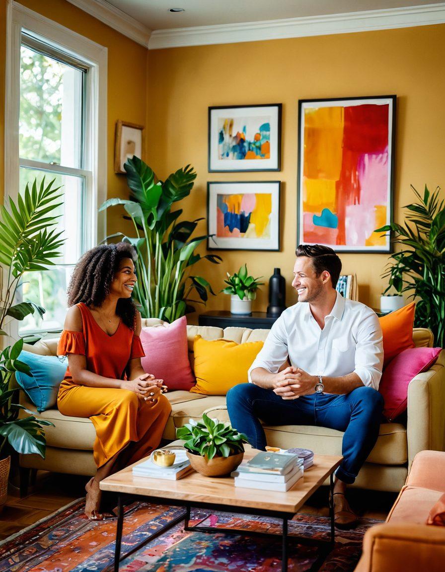 A vibrant, welcoming scene of two couples sharing candid laughter and meaningful conversations in a cozy, intimate living room setting, surrounded by colorful art on the walls and plants for a lively ambiance. The focus is on genuine connections and the warmth of shared experiences, with subtle hints of playful decor representing swinging and open relationships. soft lighting, warm colors, and a harmonious atmosphere that invites exploration. super-realistic. vibrant colors. cozy ambiance.